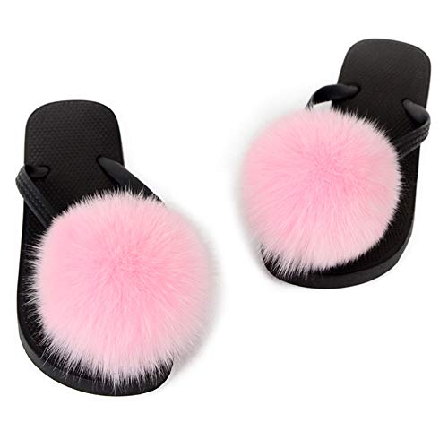 DAYISS Womens Real Fox Fur Ball Slides Flip Flop Fluffy Slippers Fuzzy Sandals Furry Slides for Women