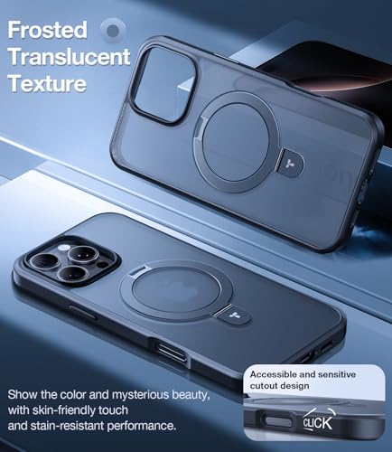 Image of TORRAS Ostand for iPhone 16 Pro Case Magnetic Stand, Frosted Black 6.3 inch | [Fit for MagSafe][Flexible Stable Stand] 4X Military-Grade Shockproof, Slim Protective Phone Cover, Translucent Black
