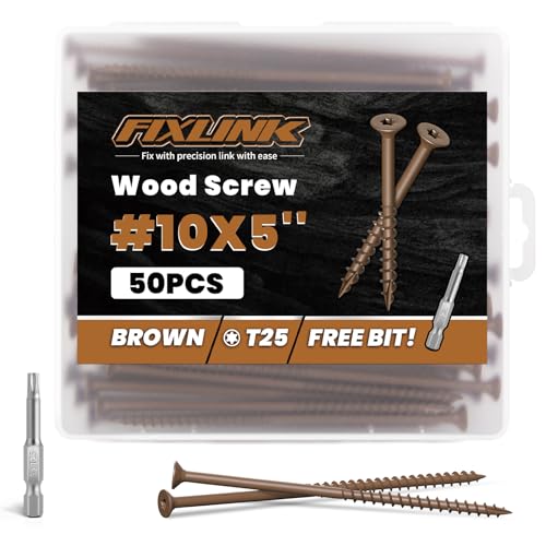 Image of Wood Screws 5 Inch, FIXLINK Deck Screws #10 x 5, 50 PCS, Epoxy Coated, T25 Star Bit Above 1500 Hour Salt Spray Coating Outdoor Decking Screws Excellent Rust Resistant for Wood Fence, Brown