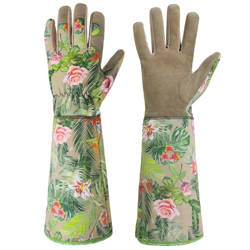 HANDLANDY Leather Gardening Gloves for Women, Scratch Resistant Breathable Ladies Rose Pruning Garden Gauntlet Yard Gloves, Gift for Gardeners (Khaki,