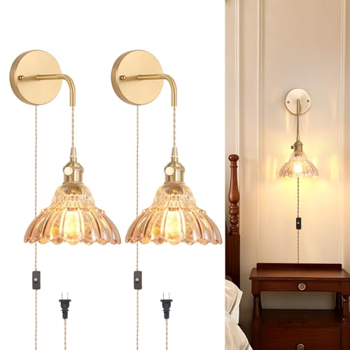 Image of Shenmoyl Vintage Plug in wall sconces Set of 2, 4.9FT Corded Wall Lamps with Amber Lily of The Glass Shade Hanging, sconces wall Decor for Bedroom Living Room Hallway Doorway