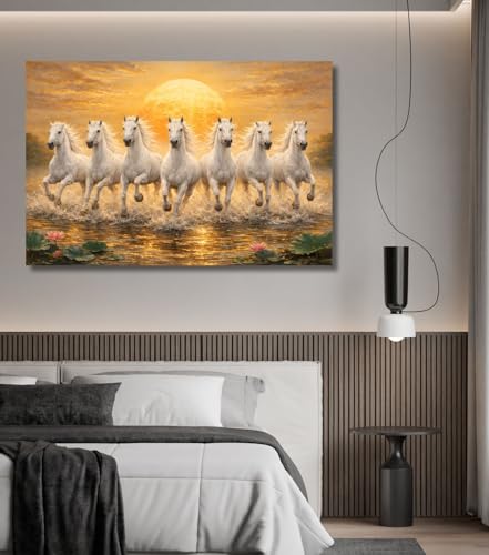 Image of KALPANIK Seven Running Horses With Sunrise Canvas Wall Painting | Vastu 7 White Horses Wall Art for Home Decor | White Running Horses Big Size 7 Horses Vastu Artwork (26x18 Inch, Framed - SMALL)