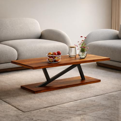 Image of Coffee Table /Centre Table /Tea Table Racktangle Solid Sheesham Wood top with Black Metal Frame, Z - Shape Sofa Table Living Room,Office, Dining,Bedroom, Sofa Side, Home Decor Brown