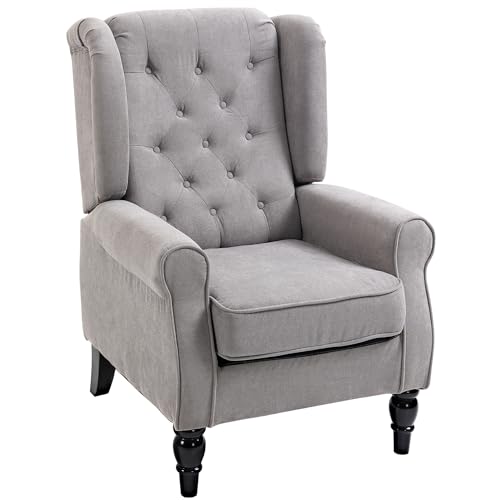 HOMCOM Retro Accent Chair, Linen Wingback Armchair with Wood Frame Button Tufted Design for Living Room Bedroom, Grey