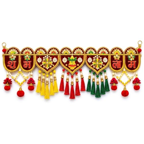 Image of ONESTA Shubh Labh Door Toran for Main Door | Traditional Handmade Bandarwal with Kalash, Bells & Colorful Tassels | Decorative Door Hanging for Diwali Navratri Housewarming & Pooja Decor 3Feet 36 Inch (Pack 01)