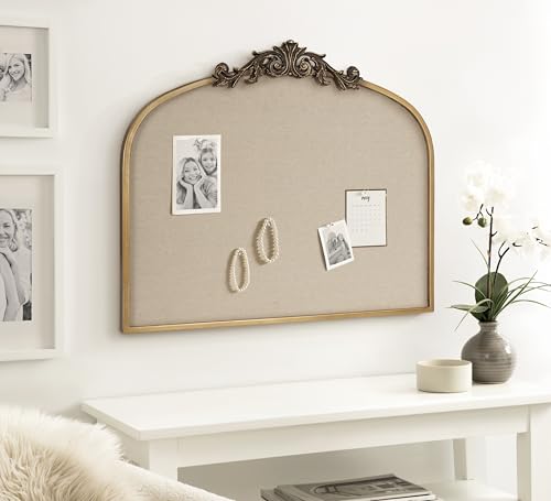 Image of Kate and Laurel Arendahl Wide Decorative Arch Pinboard; 30 x 24; Gold; Framed Arched Ornate Vintage Cork Board for Use as Motivational Vision Board or Wall Organizer