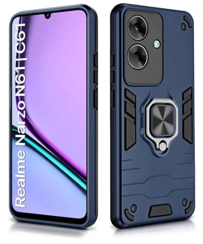Image of WOW IMAGINE Shock Proof Back Case Mobile Cover for Realme Narzo N61 | Realme C61 (Tough Armor | Hybrid PC + TPU | Full Protection with Ring Holder & in-Built Kickstand | Blue)