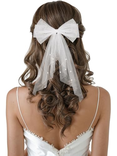 SWEETV Bridal Hair Bow Veil White Bow Clip Bachelorette Party