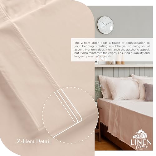 Image of Linen Home 100% Cotton Percale Sheets Full Size, Sand Shell, Deep Pocket, 4 Pieces Set - 1 Flat, 1 Deep Pocket Fitted Sheet and 2 Pillowcases, Crisp Cool and Strong Bed Linen