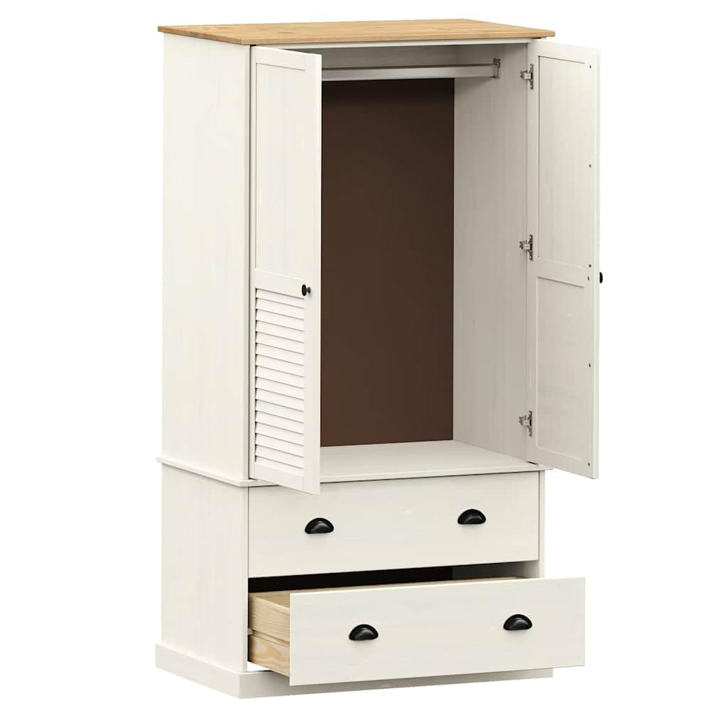 Hothingwell Guardaroba Vigo bianco 90x55x170 cm in legno massello di pino, armadio guardaroba con binario interno e 2 cassetti, mobile camera da letto con maniglie in metallo, grande spazio