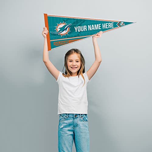 Image of Rico Industries NFL Football Miami Dolphins Personalized - Custom 12 inch x 30 inch Soft Felt Pennant - EZ to Hang