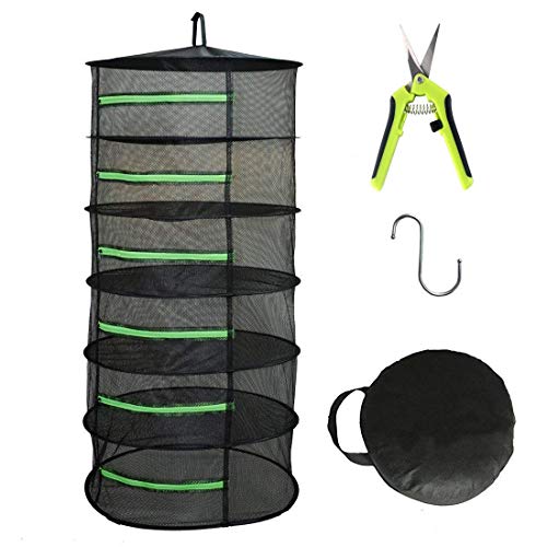 HYDGOOHO Layer 2ft Herb Drying Rack Net Mesh with Green Zippers Hydroponics, Bonus Hook Drying Rack for Plant Bud Seed, Mesh Hanging Plant Dry, Herb Dry Net for Garden (6 Layer, Open Style)