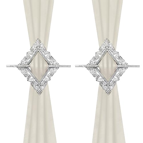 Mewutal 2 Pack Silver Rhombus Curtain Tiebacks, Square Drapery Holdbacks