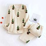 Fmiljiaty Damen Schlafanzug Herbst und Winter Damen Flanell Pyjama Langarm Hosenanzug Niedlicher Kaktus Wärme und verdickter Zweiteiler Home Service