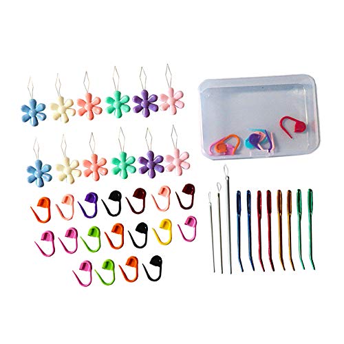 FITYLE Piezas Juego de Agujas de Hilo Agujas de Ojo Grandes Agujas de Coser de tapicería de Punta doblada con 24 Piezas de marcadores de Puntadas de