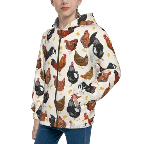 Roosters and Chickens Kid Hoodies Boys Zip Up Sweatshirts Girls Pullover with Pocket