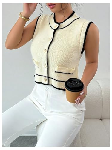 GORGLITTER Women's Button Up Cardigan Cropped Sleeveless Sweater Vest Business Casual Knit Tops Tank3