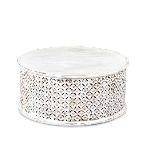 Image of Wooden Coffee Table for Living Room | Handcrafted Solid Wood Round Center Table with Carved Jaali Design | Coffee Table for Home Decor | Tea Table for Bedroom & Office (White Rustic)