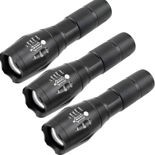 Flashlight High Lumens, Mini Tactical Flashlight 3 Pack, 5 Modes Zoomable Beam, Battery Powered (Batteries Not Included) for Camping, Hunting, Home & Emergency, Compact Small Flashlight