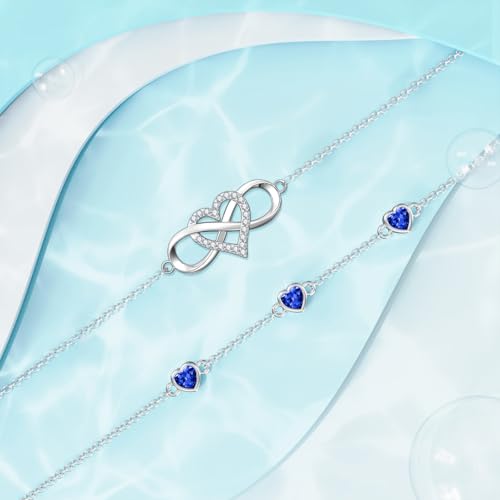 Image of Dorunmo 925 Sterling Silver Infinity Heart Birthstone Anklet Bracelets for Women Best Mother's Day Birthday Jewelry for Wife Girlfriend Mom Her
