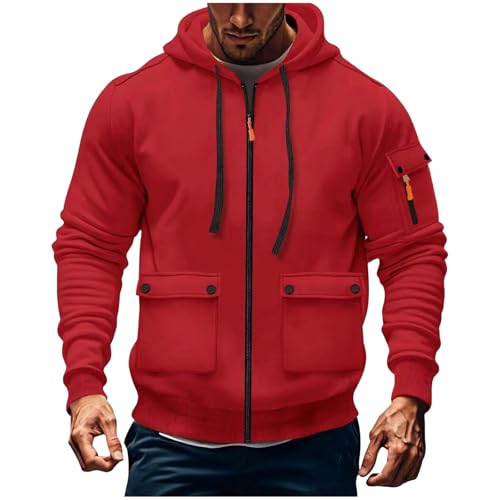 Cargo Hoodies for Men Fashion Drawstring Full Zip Up Sweatshirts with Multi Pockets Fall Long Sleeve Casual Tops