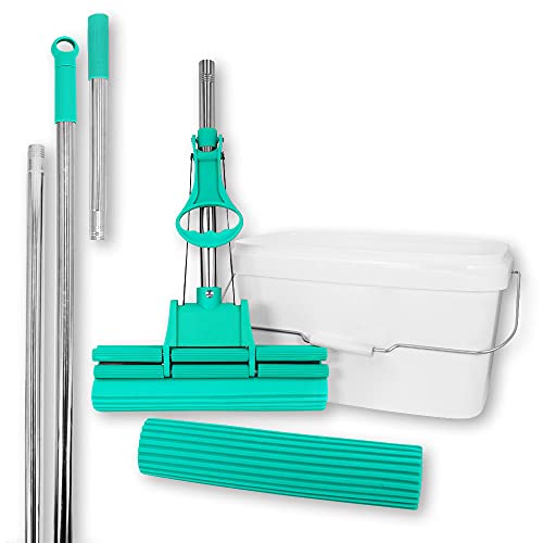ABACUS® Wischmop Set, Wischmopp extrem saugstark + Ersatzschwamm + Verlängerungsstiel + Eimer, Bodenwischer, Wischer, Mop, Mopp, Bodenreiniger, Bodenmop, Doppelwringer – Green Mop® Set 30 cm (7809.1)