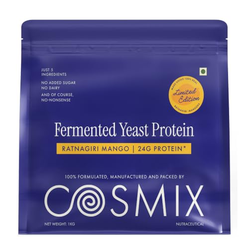 Image of Cosmix Fermented Yeast Protein Powder | 24g Protein | Made with Real Mango | High Absorption with PDCAAS of 1 | No Dairy | Made In-House | Smooth, Tasty & Gut-Friendly | Ratnagiri Mango, 1Kg Pouch