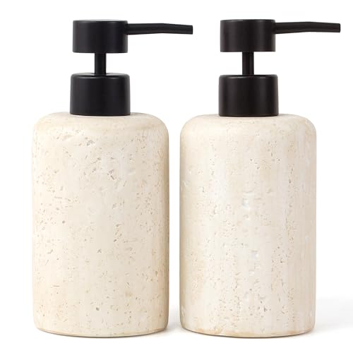 YMXYJM 2pcs/Set Hand Soap Dispenser Sets - 10.8oz Refillable Resin Liquid Soap Dispensers with Rust-Proof Pump for Bathroom Countertop or Kitchen Faux Travertine