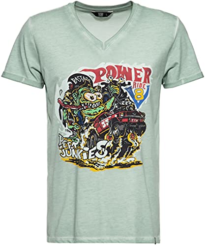 King Kerosin Camiseta para hombre con estampado de monstruo, corte ajustado, lavado al aceite, cuello en V V8 Monster verde menta M Cover