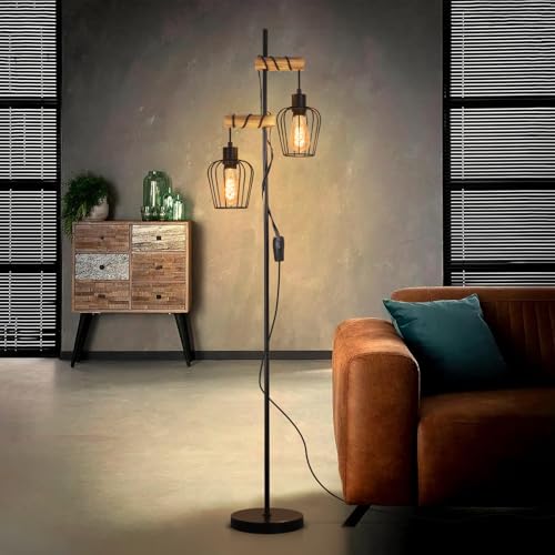 ZMH Stehlampe Wohnzimmer Holz Stehleuchte Schwarz - Vintage Wohnzimmerlampe stehend im Industrial Design Metall Standleuchte 2 flammig E27 Fassung 151cm Standlampe für Schlafzimmer (ohne Leuchtmittel)