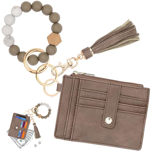Image of KNGITRYI Wristlet Wallet for Women,RFID Keychain Wallet with Beaded Strap | 8 Card Slots,ID Window,Zipper Pocket,Leather Tassel,Compact Design