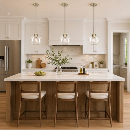Image of MQMQA 2 Pack Globe Pendant Lights, Mid Century Brass Pendant Light Fixtures, Globe Pendant Lights Kitchen Island with Clear Glass Shade Hanging Fixture for Dining Room (Bulbs not Included)