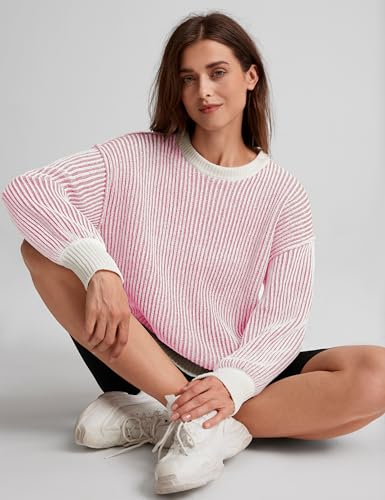 Image of Beyond Chenille Sweater for Women 2026 Winter Crew Neck Pullover Sweater Color Block Knit Tops