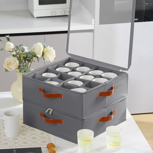 Foyego 2 Pack Coffee Mug Storage Box with Dividers, Stackable China Storage Containers with Lid, Zipper, and Handles for 32 Mugs and Cups, Mug Storage Organizer for Packing & Moving, Gray by Foyego - Image 5