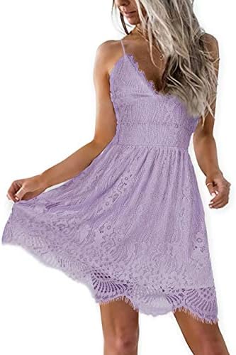 AOOKSMERYWomen Summer V-Neck Spaghetti Straps Lace Backless Party Club Beach Mini Midi Dresses