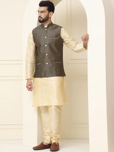 Image of SOJANYA (Since 1958 Men's Silk Blend Kurta Pyjama With Self Design Nehru Jacket