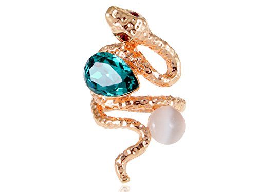 Image of Alilang Rose Golden Tone Blue Teardrop Rhinestone Enhanced Slither Snake Statement Ring