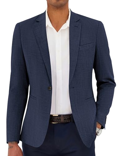 COOFANDY Mens Linen Blazer Jacket Casual Lightweight Sport Coat Dress Formal Classic One Button Suit Jacket Blazer Navy Blue