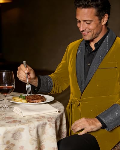 Image of Men's Long Velvet Smoking Jacket Smoking Robe with Belt Shawl Lapel Quilted Dressing Gown
