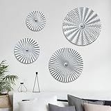 Putuo Decor 12' Silver Starburst Metal Wall Art Set of 4, Round 3D Ripple Panels in Assorted Sizes, Brushed Iron Hanging Sculptures for Modern Living Room Bedroom Office Entryway
