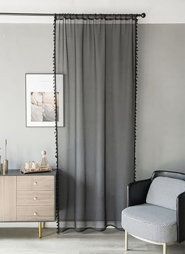 Homxi Cortinas Salon Semitranslucidas 2 Paneles,2 x 100W x 200H CM,Cortina de Color Sólido con Borlas Negro Cortinas de Salón con Bolsillo para Varilla