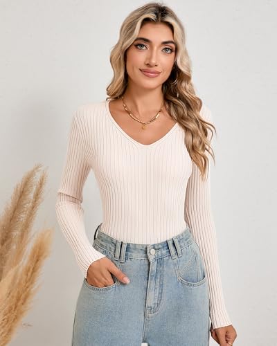 Image of Riyiper 2 Pack Women's Long Sleeve Ribbed Sweaters, V Neck Pullover Tops Slim Fit Casual T-Shirts Tight Basic Knit Tee