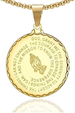 Fusamk Fashion Stainless Steel Prayer of Hand Medallion Pendant Lord's Prayer Necklace