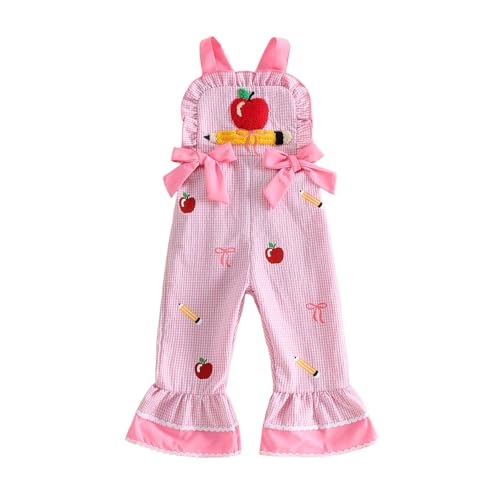 Adobabirl Baby Girl Back to School Outfit Toddler Pencil Embroidery Overalls Romper Flared Suspender Pants for Girls (Pink Pencil Print, 18-24 Months)
