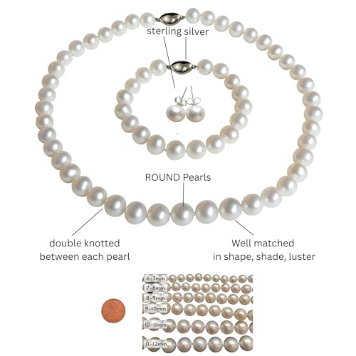 ROUND Real Pearl Necklace Set for Women with Bracelet Stud Earrings Ivory Beige Cream White Pearl Jewelry Set Men Genuine Cultured Wedding (9-9.5mm Pearl; 16 Inch 7 Inch Choker Set) by Pearl Romance - Image 4