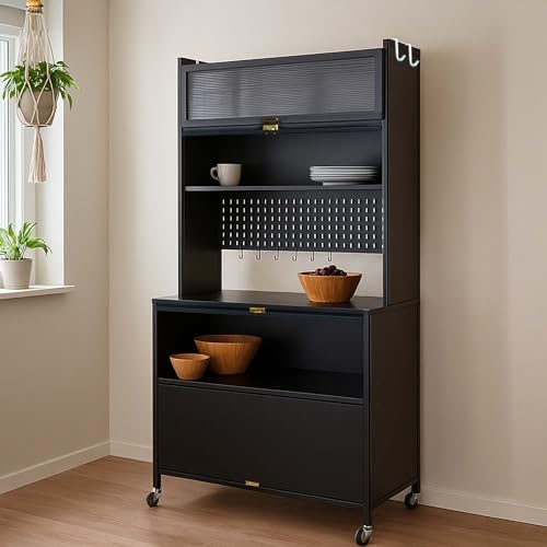 Mendler Küchenschrank HWC-O53, Küchenregal Schrank Arbeitsplatte Schrankfächer rollbar Metall 175x80x42cm - schwarz