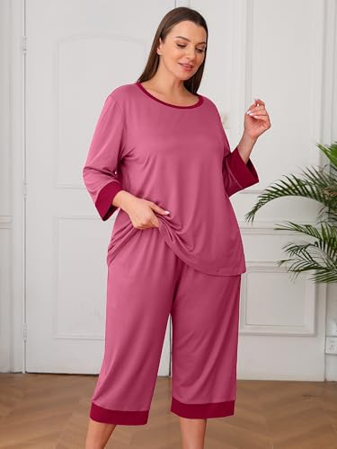 AusLook Women’s Plus Size Pajama Sets Purple Red 4X Soft 3/4 Sleeve Nightwear Top and Capri Pants Lounge Set with Pockets — view 5
