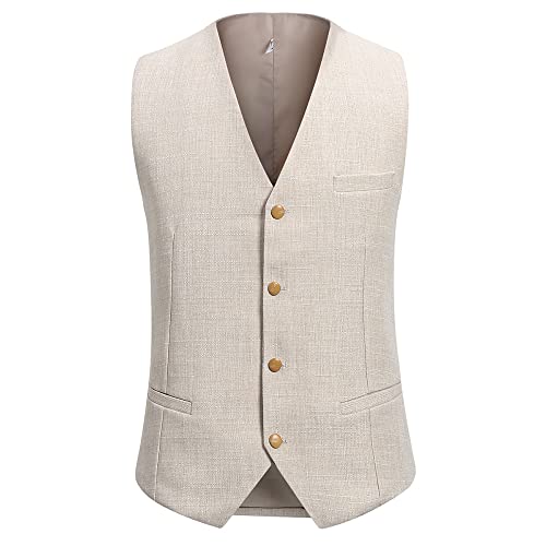 YOUTHUP Costume Homme 3 Pcs en Lin Coupe Slim Business d'affaires Mariage Formel Peak Lapel Blazer Gilet et Pantalons, Beige, XS - Image 4