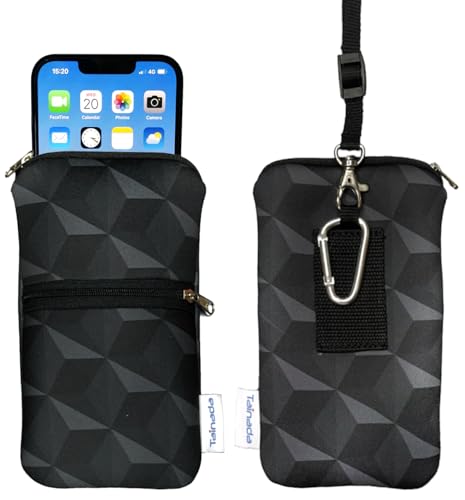 Image of Tainada Men Women Phone Neoprene Shockproof Zipper Sleeve Case Bag Pouch w /Carabiner, Neck Lanyard, Belt Loop Holster for iPhone 17 /16 Pro Max, 16 /15 Plus; Samsung S25 (Black Gray Geometric Pattern)