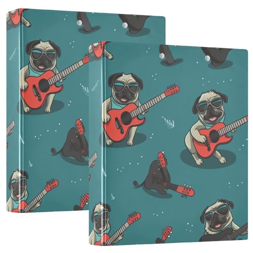ALAZA Funny Pug Dog Guitar Retro 3 Ring Binders with 3 Interior PVC Clear Pockets Clipboard Versatile Binders 200 Sheets for Office Home School 1 Pack
